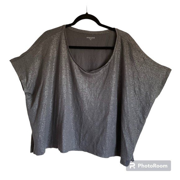 Eileen Fisher Sz XL Silver Gray Metallic Linen Top Blouse Short Sleeve High Low - Picture 2 of 9